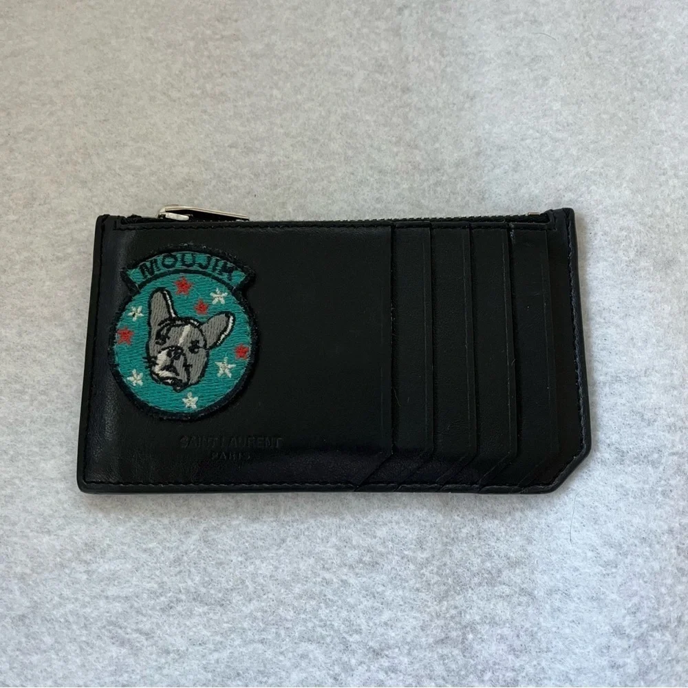 SAINT LAURENT Moujik French Bulldog Fragment Card Holder Black Leather